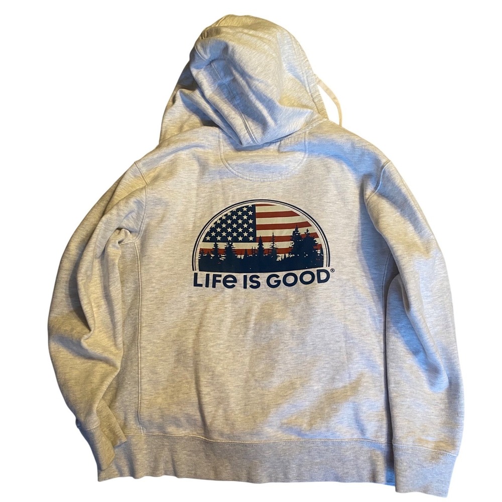 Life Is Good Hoodie Mens Small Gray  Zip Up American Flag Forest Graphic